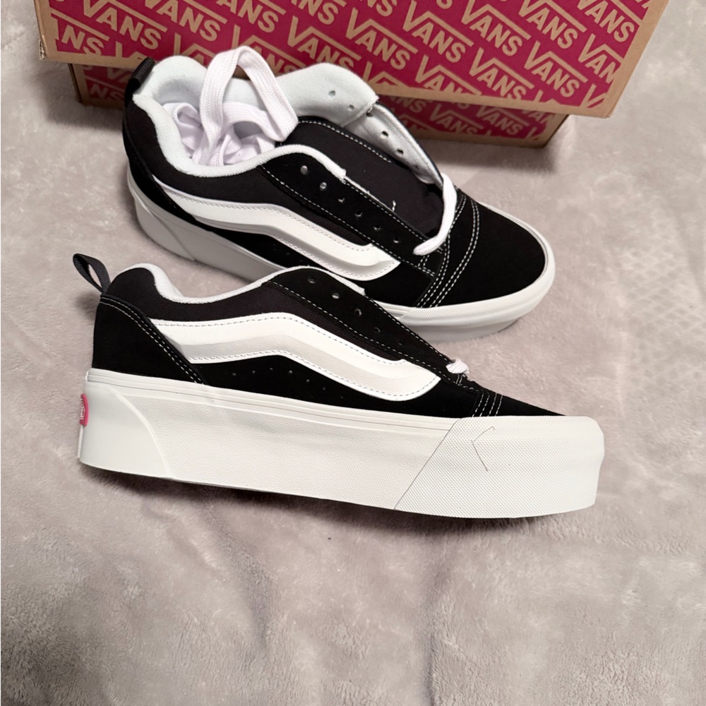 Vans Knu Stack Classic Black and White Platform Sneakers - Picture 2 of 5